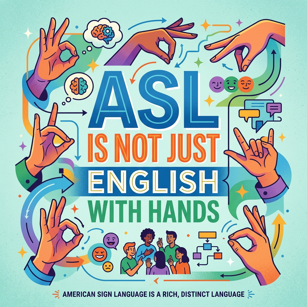Text stating ASL is not just English with hands surrounded by American Sign Language hand signs and diverse people conversing